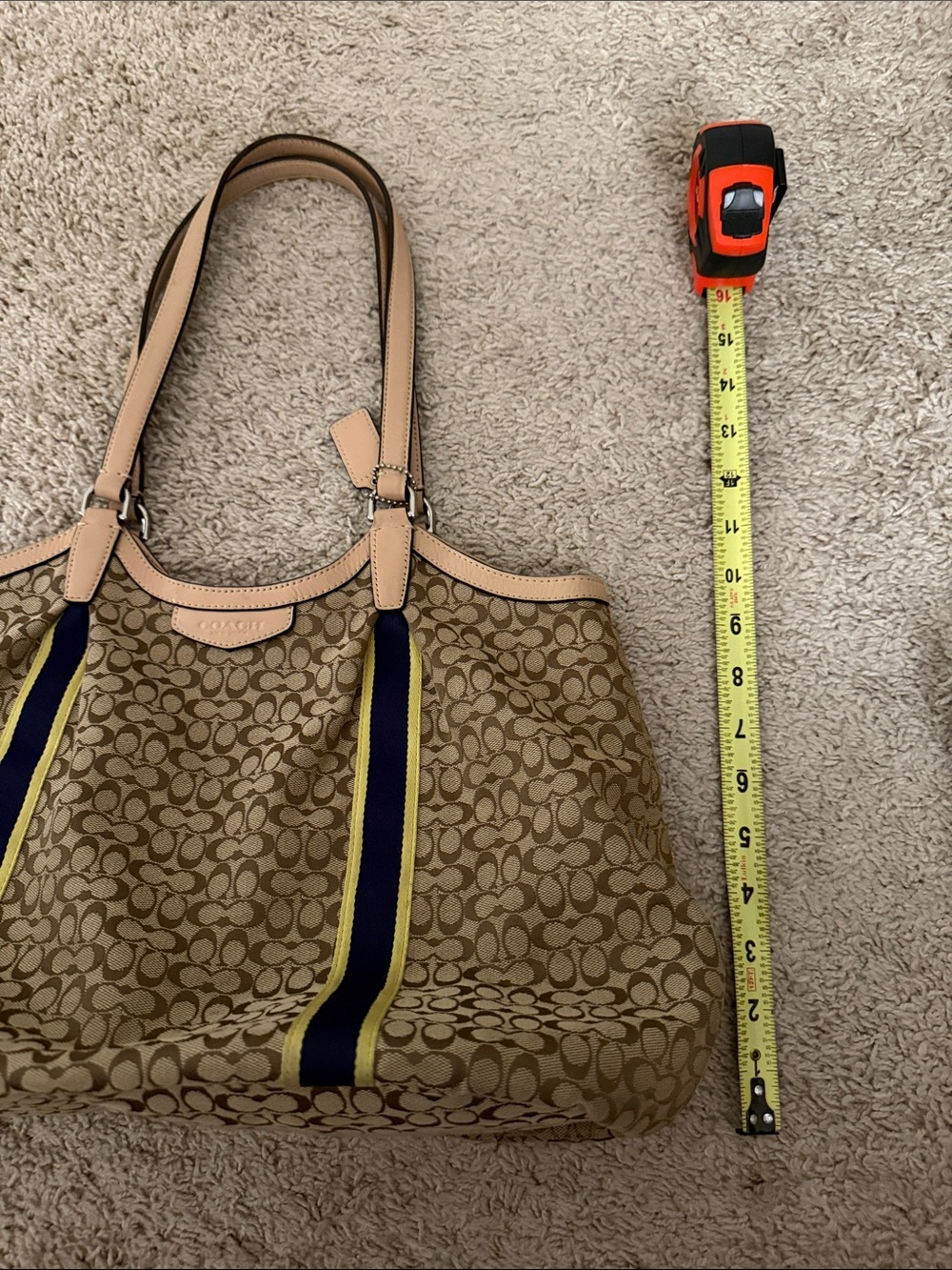 Coach Canvas Tote with Navy & Yellow Stripe Accents - Picture 13 of 16
